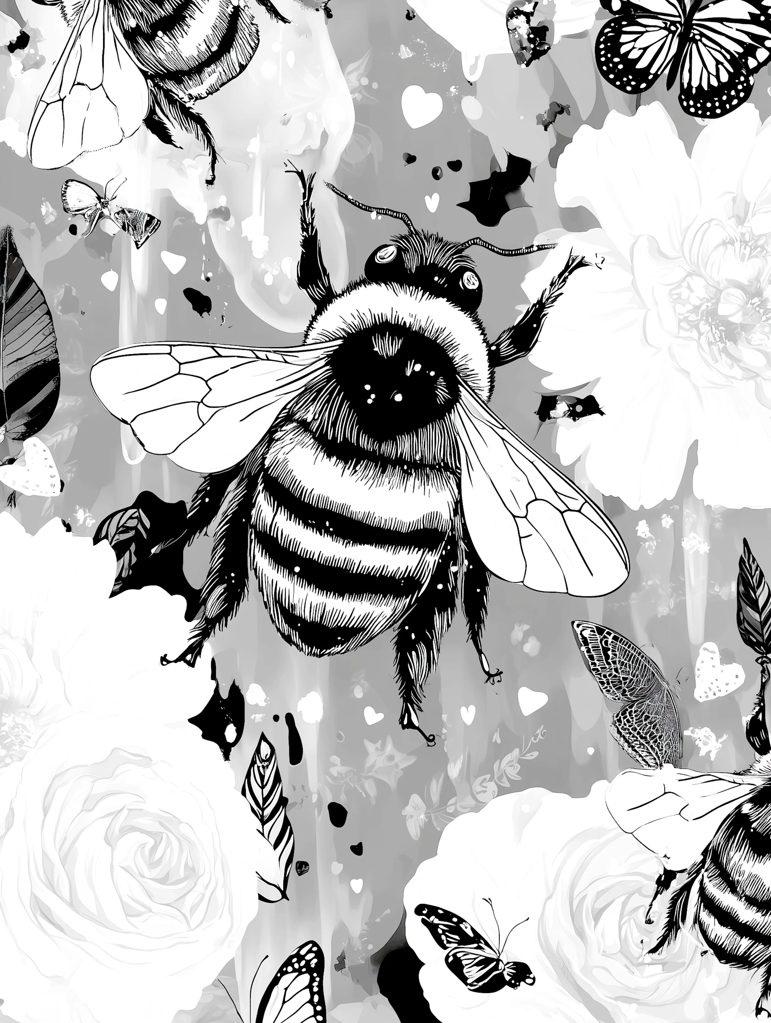 Free printable bee coloring page for adults featuring gray background flying bee